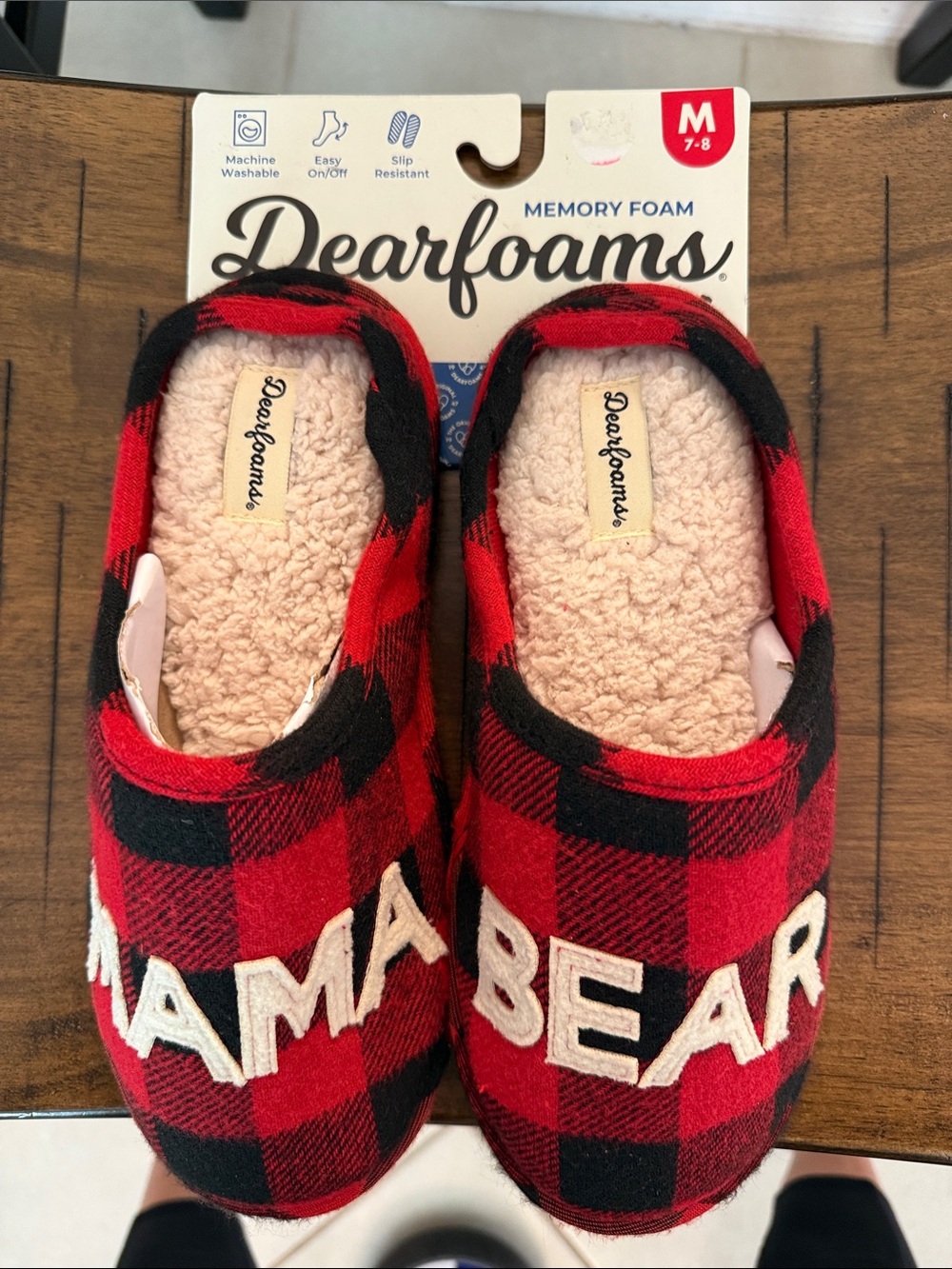 Dearfoams Women’s Memory Foam Red and Black Buffalo Plaid "Mama Bear" Slippers